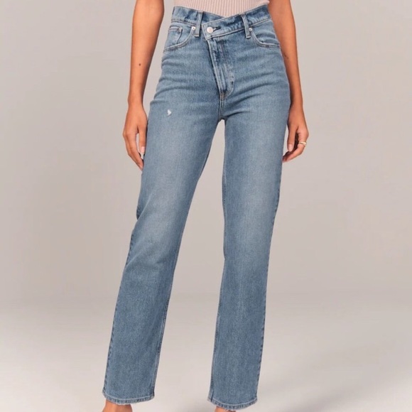 Abercrombie & Fitch Denim - A&F 90s Straight Ultra High Rise Medium Wash Criss-Cross Waistband Jean